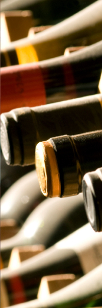 A Close-up of wine bottle necks in a cellar.